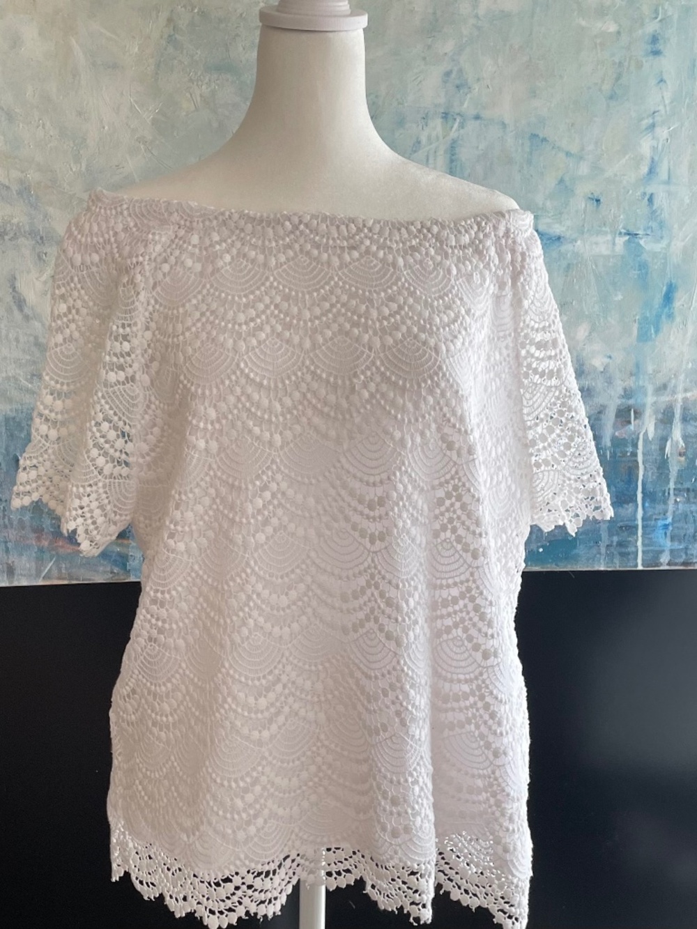 Talbots White Crochet Lace Blouse with Elastic Neck Cottage Boho Coquette 2Xp - Picture 4 of 12